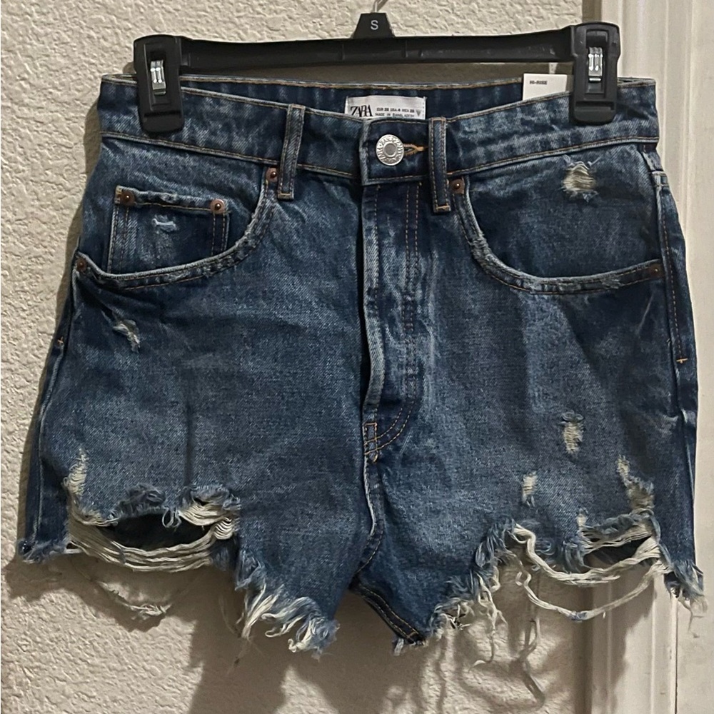 Zara High Rise Ripped Denim Shorts 4